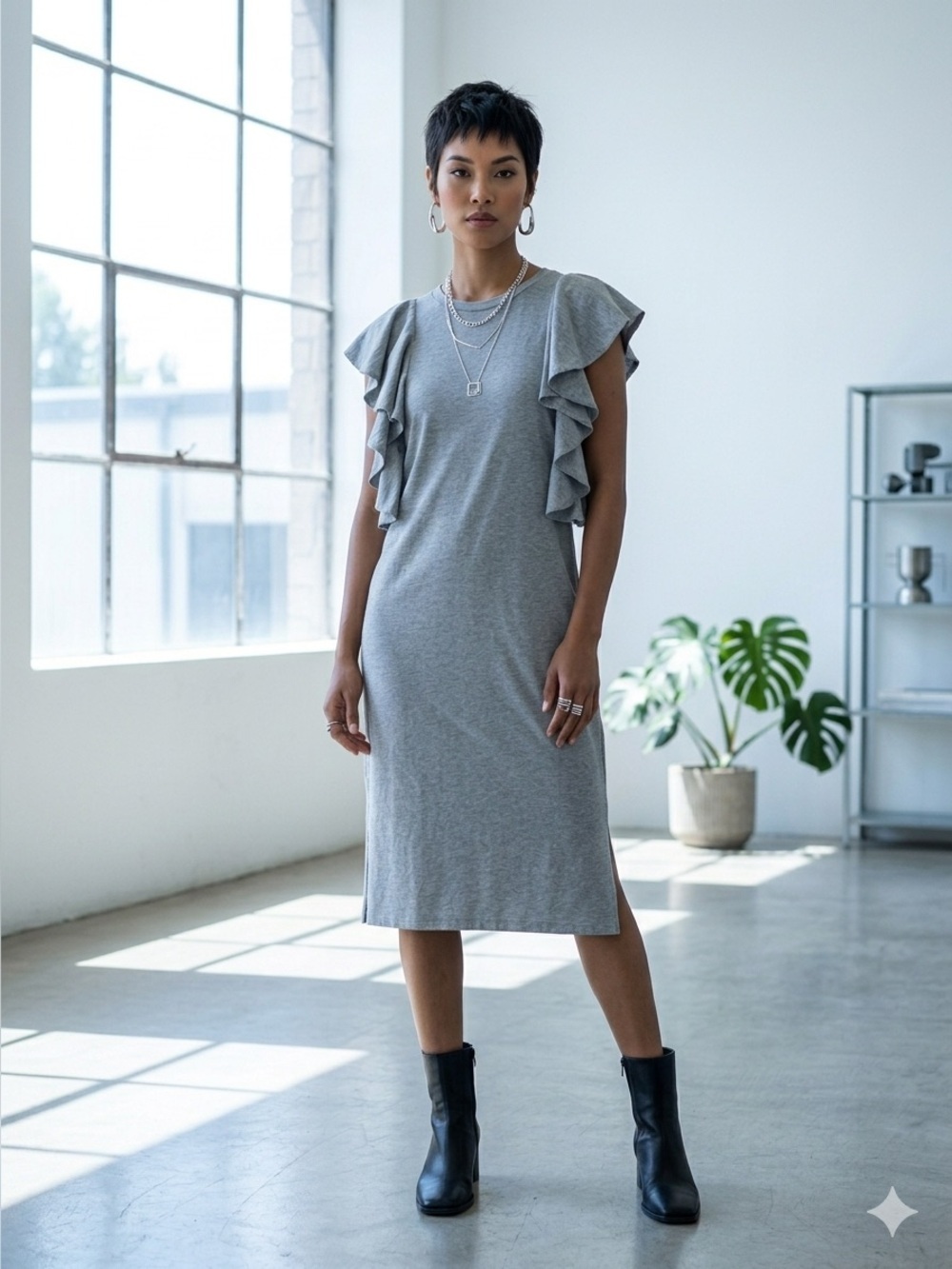 FACETASM heather grey ruffle cotton jersey midi dress – Large (3)